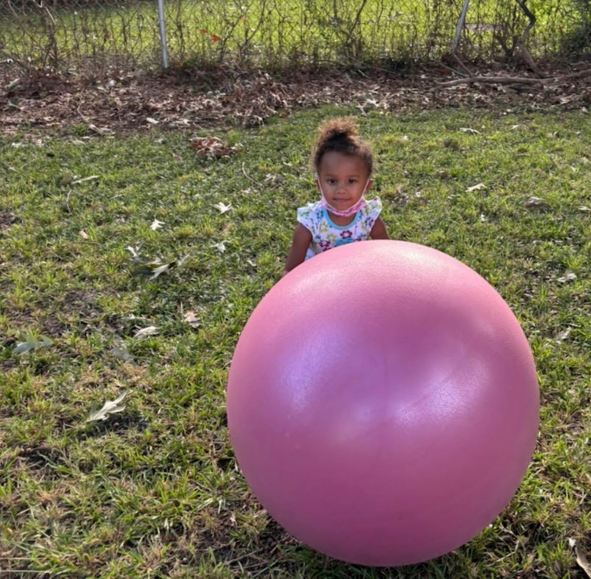 Child sitting behind a large pink ball on green grass