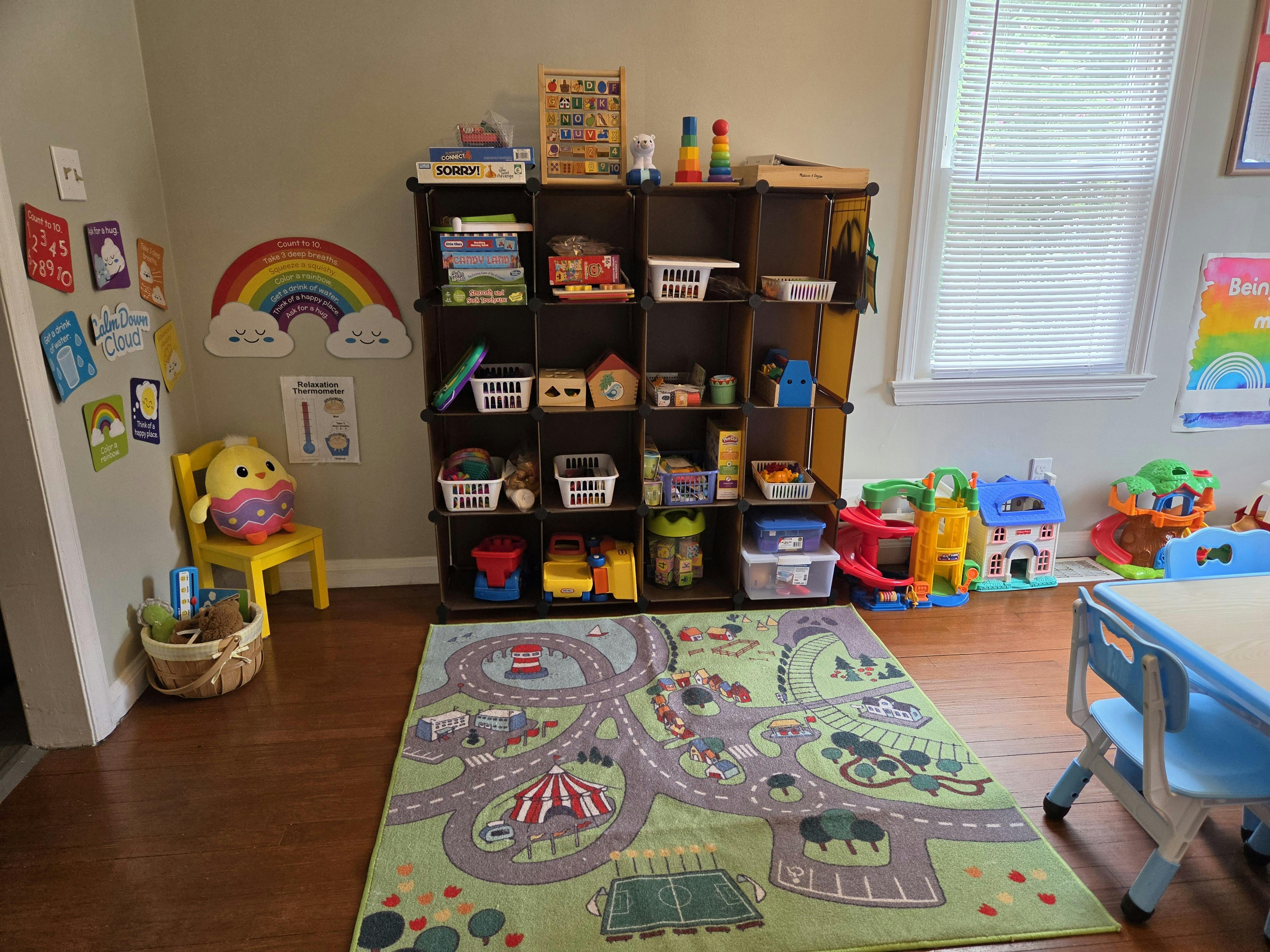 Playroom with organized shelves, toys, and a rug with a road pattern