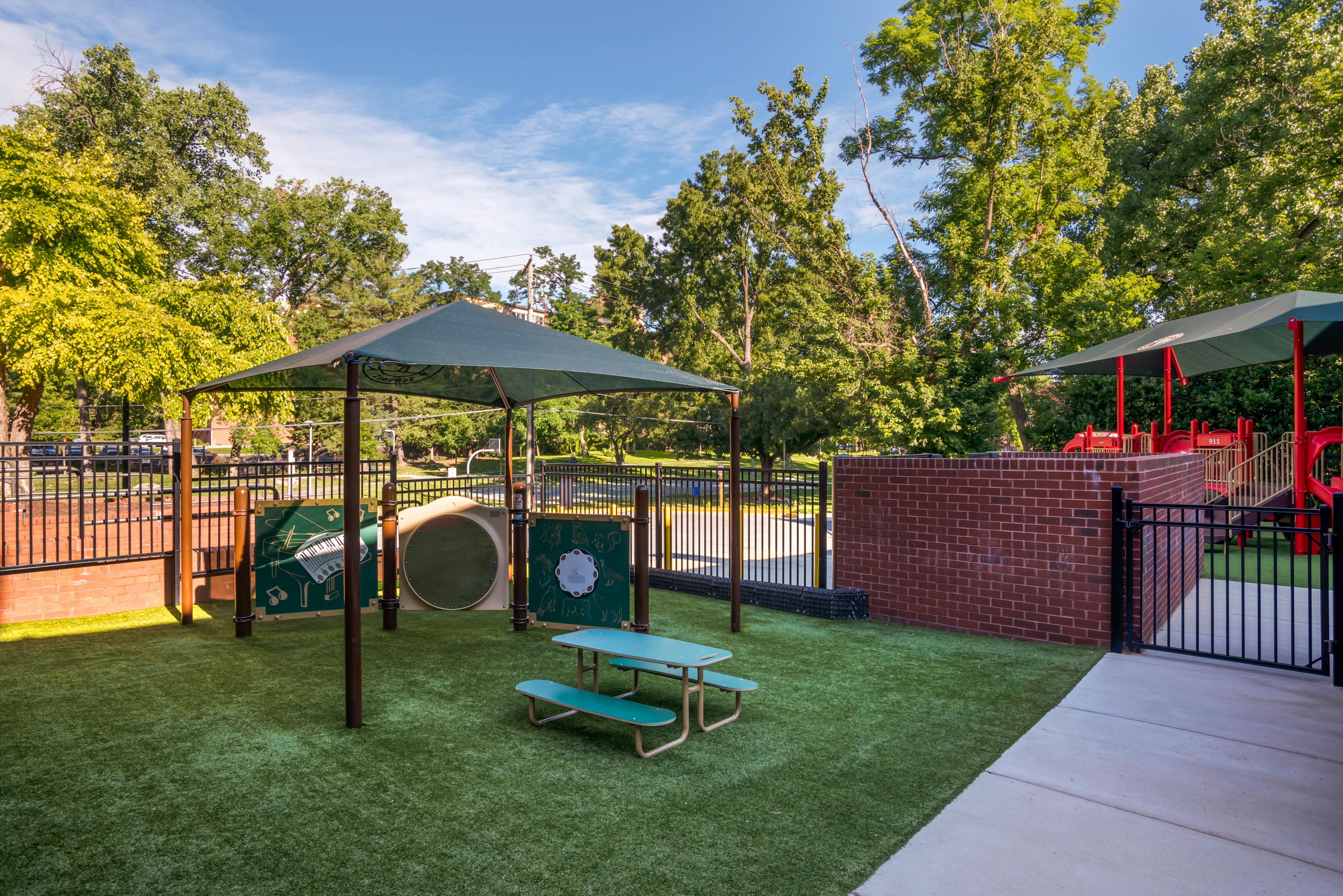 An outdoor play area with artificial turf, shade structures, and play panels
