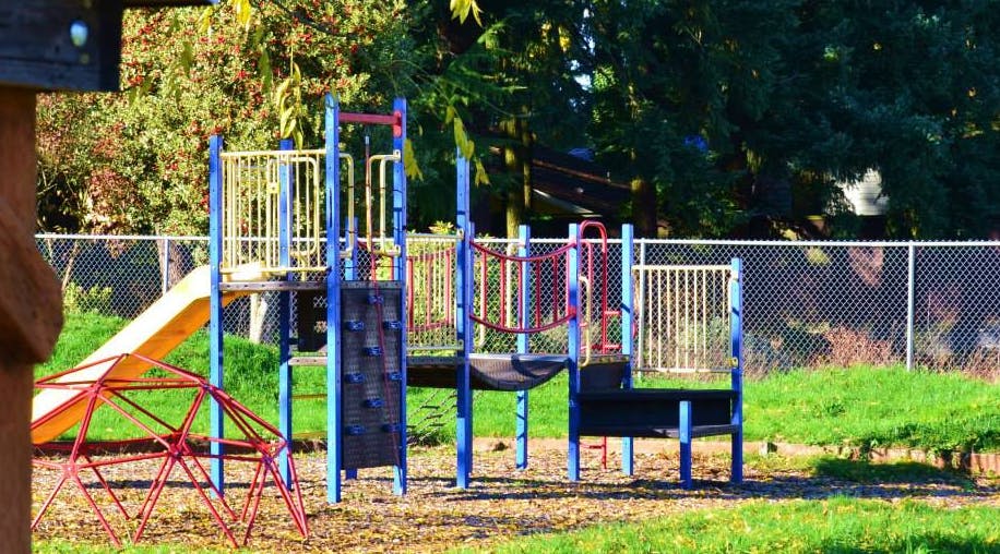 Playground with slide, climbing dome, and play structure