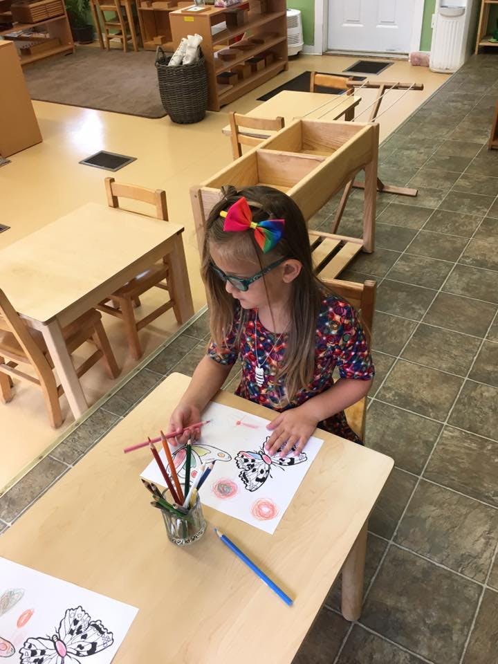 Child coloring a butterfly drawing at a table