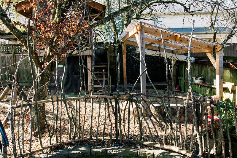 Treehouse with a wooden fence and a covered structure
