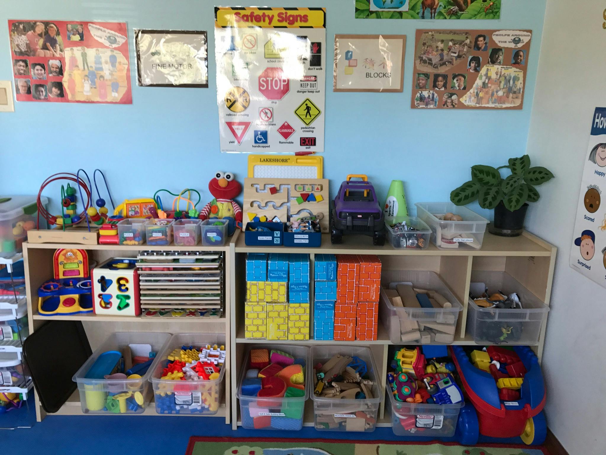 Shelves filled with toys and learning materials in a classroom