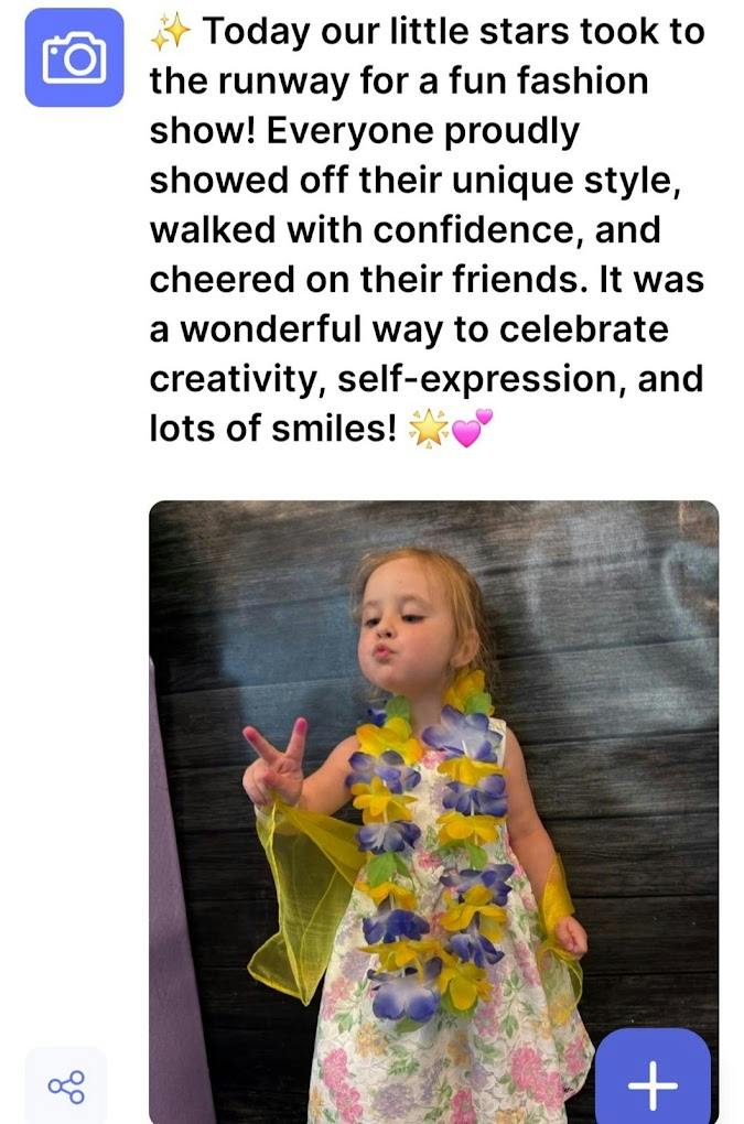 Child wearing a floral dress and lei making a peace sign