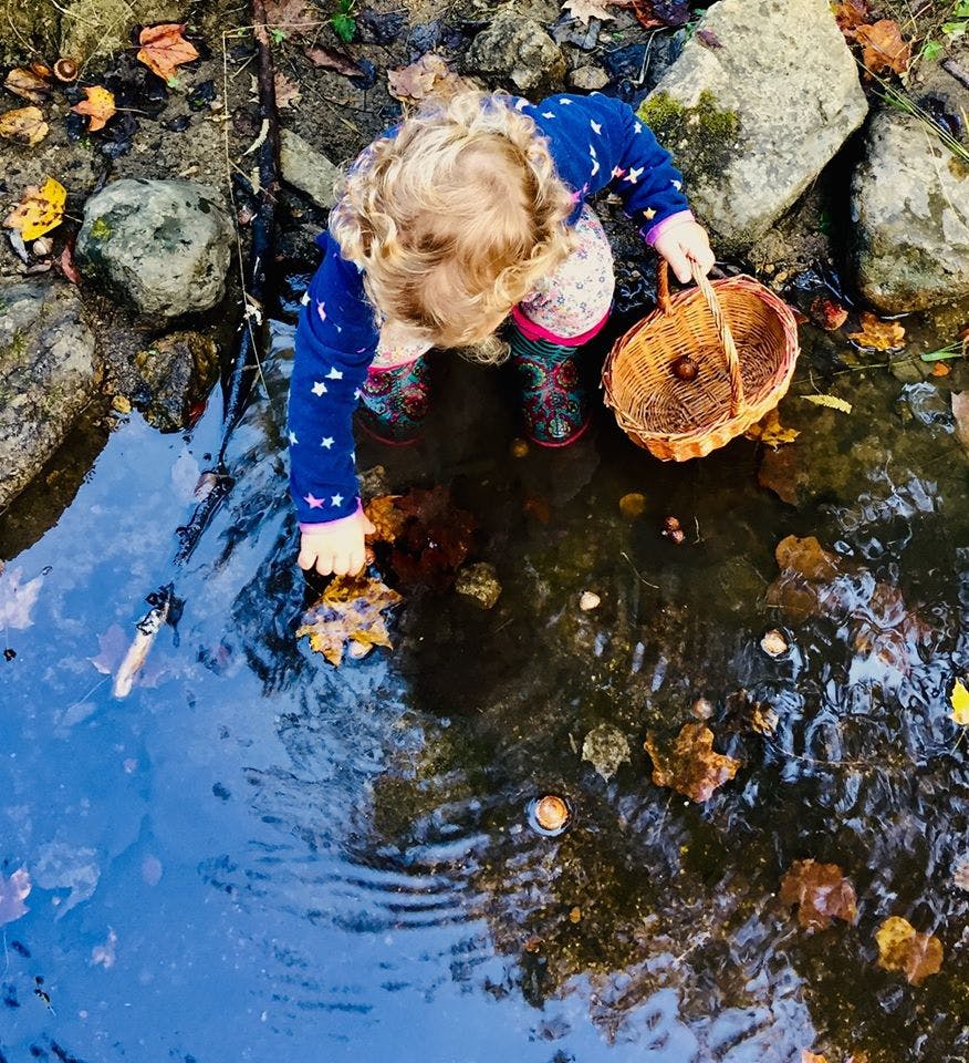 Child reaching into a shallow stream with a basket nearby