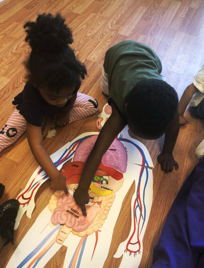 Two children pointing at a human anatomy diagram on the floor