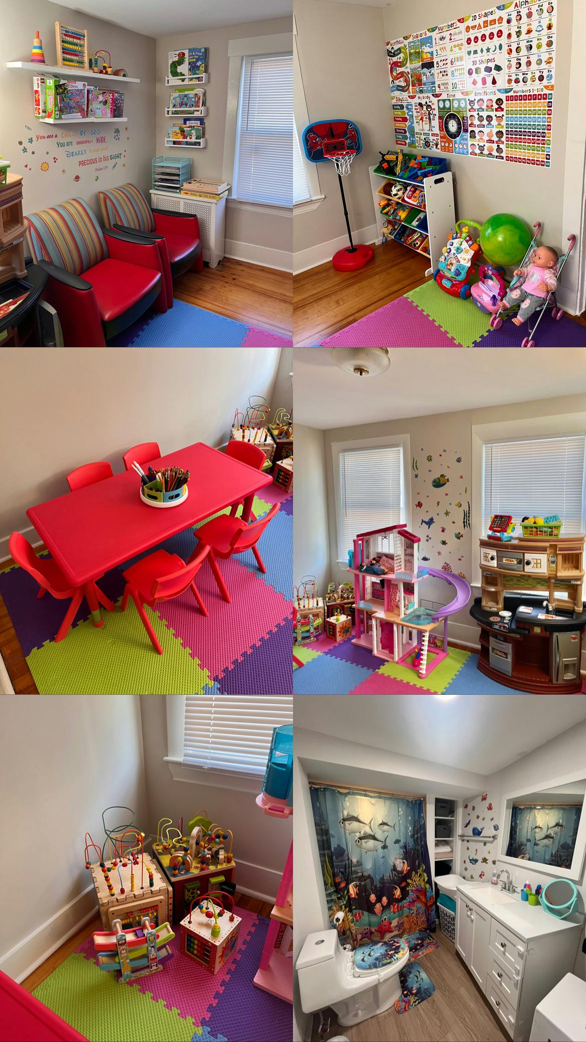 Playroom with a red table and chairs, dollhouse, and various toys