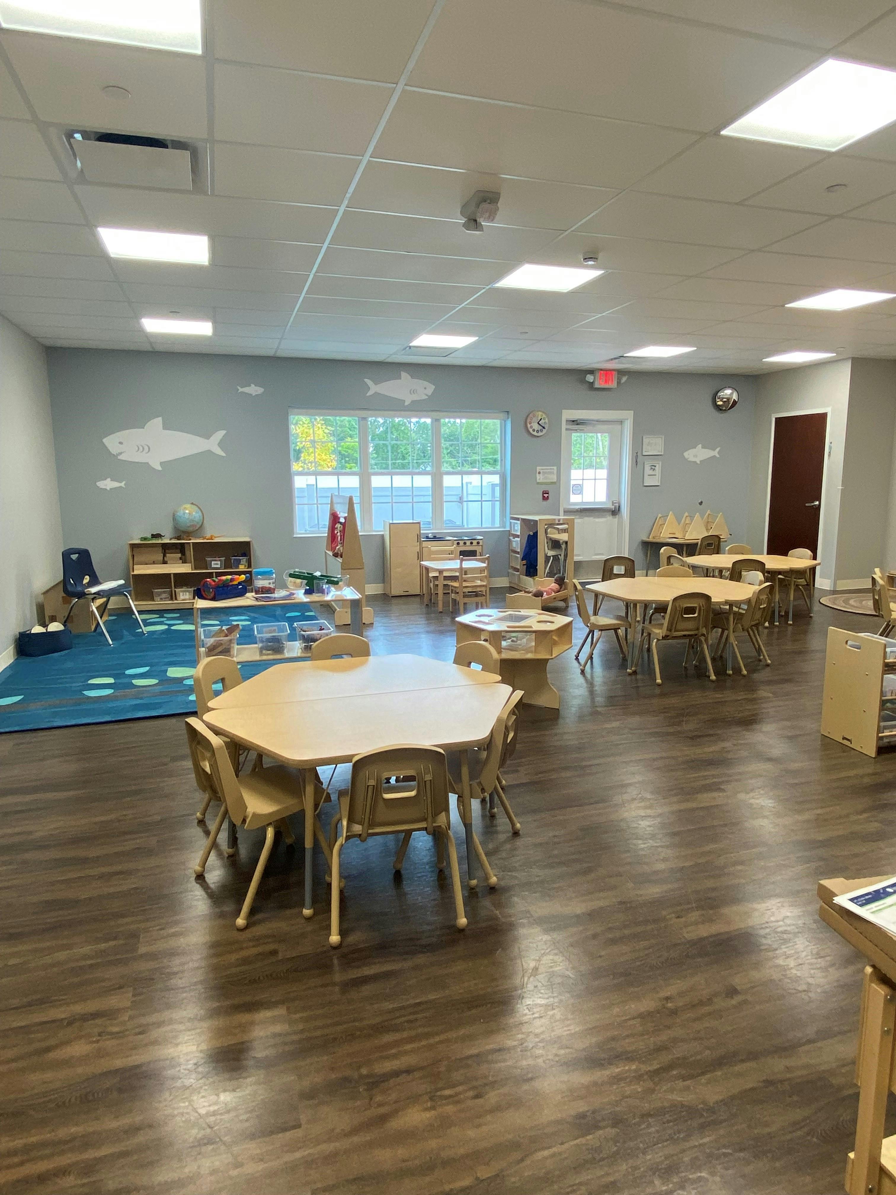 Empty classroom with small tables and chairs, blue rug, and shark decals on wall
