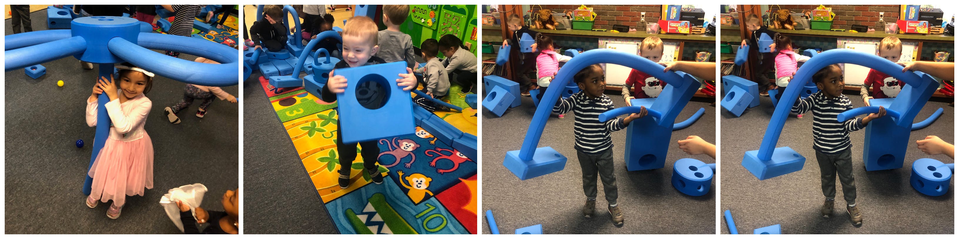 Child playing with blue soft play equipment