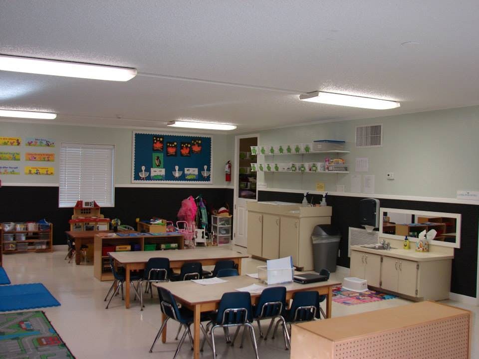 Empty classroom with tables and chairs