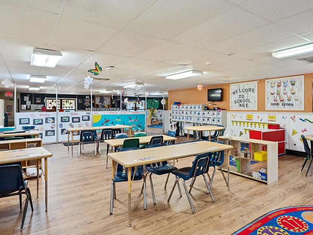 Empty classroom with multiple tables and chairs, a television on the wall
