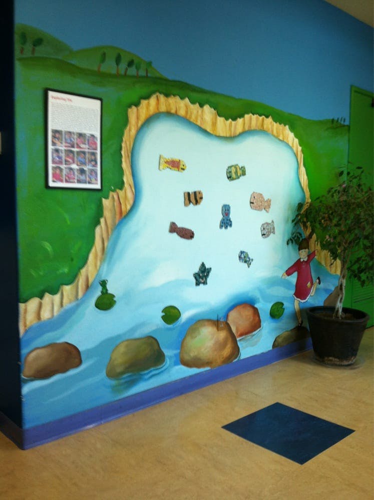 Wall mural of a river with fish and a child figure