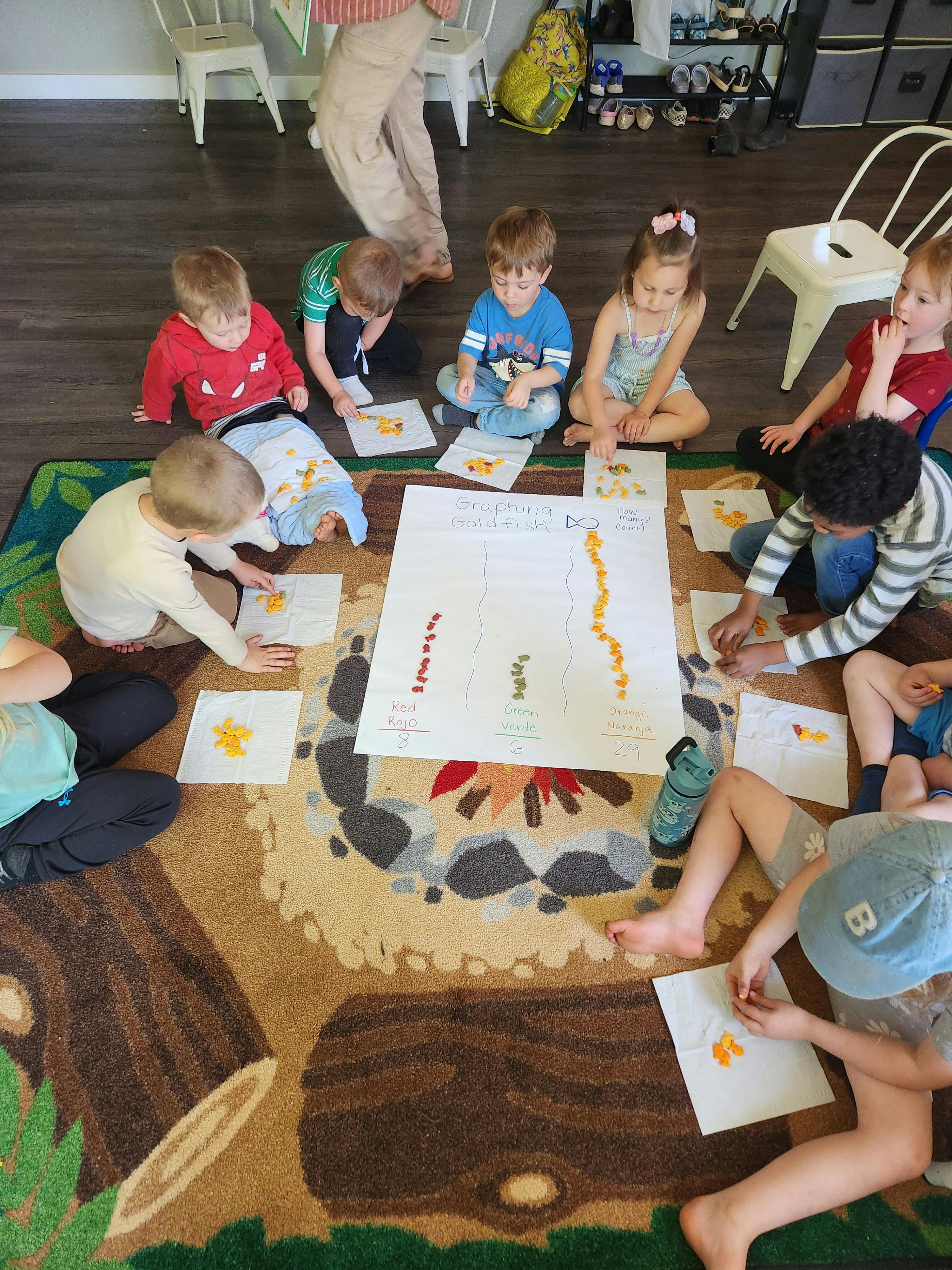 Children sitting on a rug, working on individual papers and a large central paper