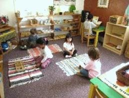 Children sitting on rugs on the floor in a classroom