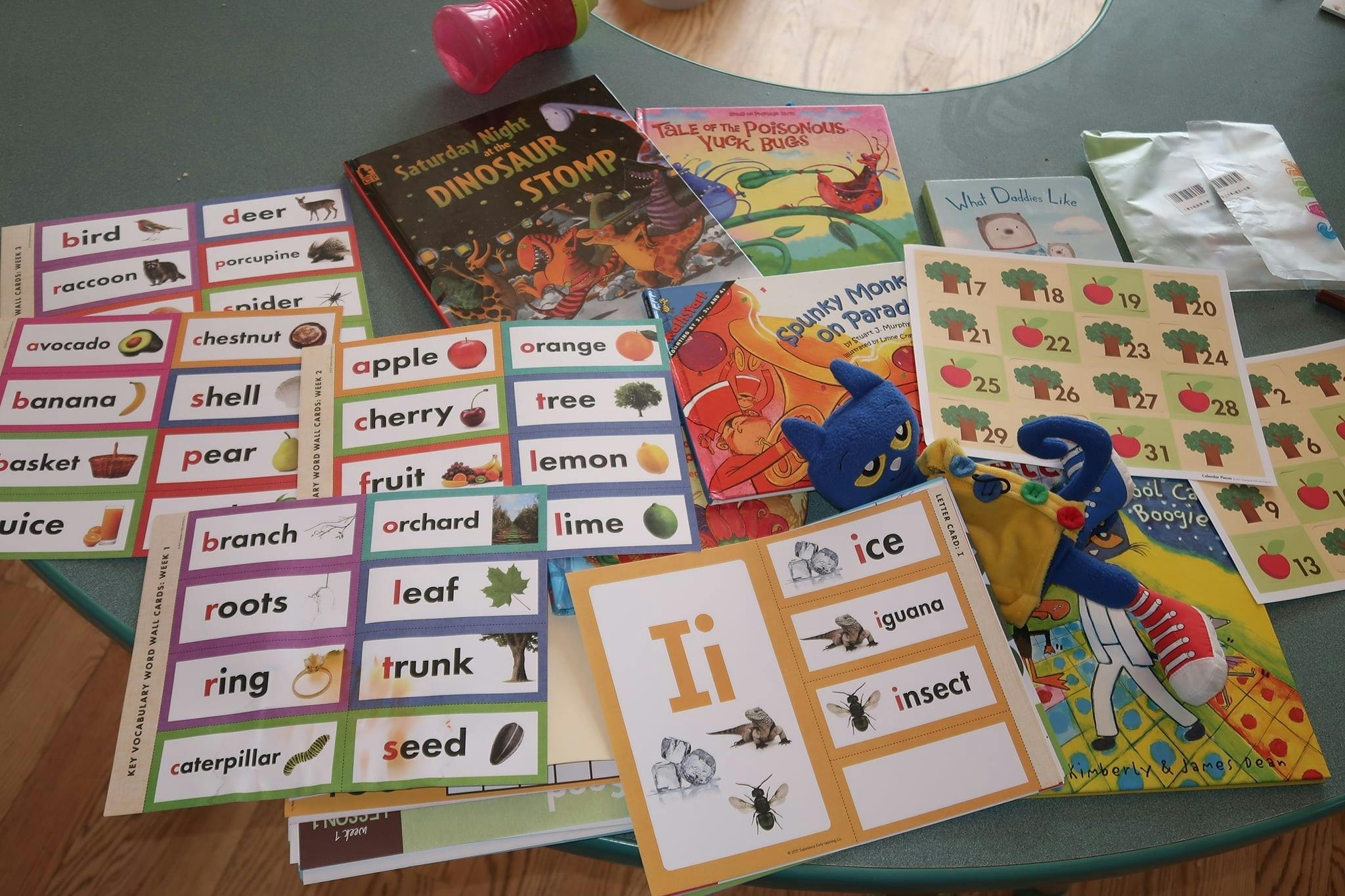 Children's books and learning cards with words and illustrations