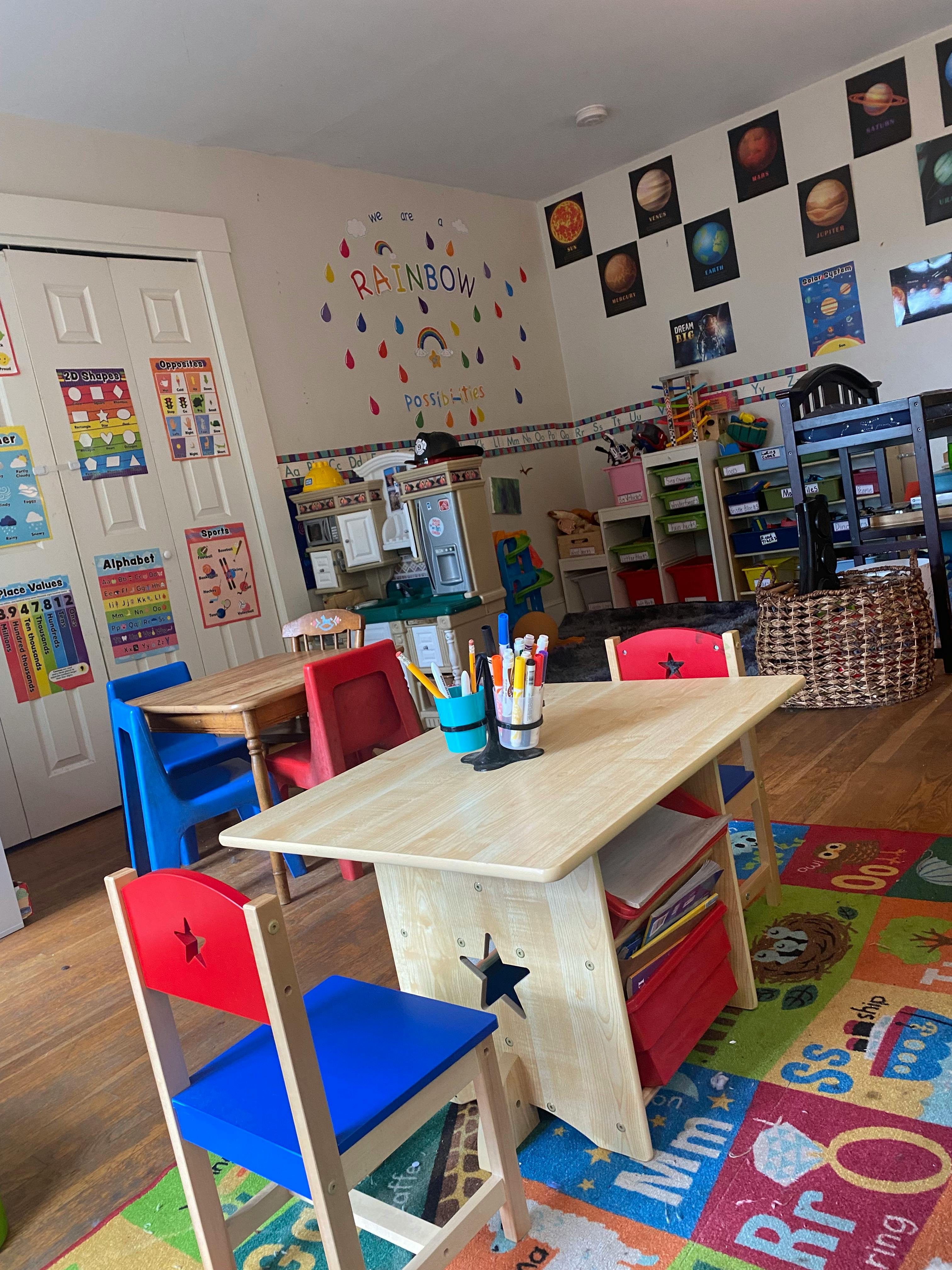 Classroom with small tables and chairs, wall decorations