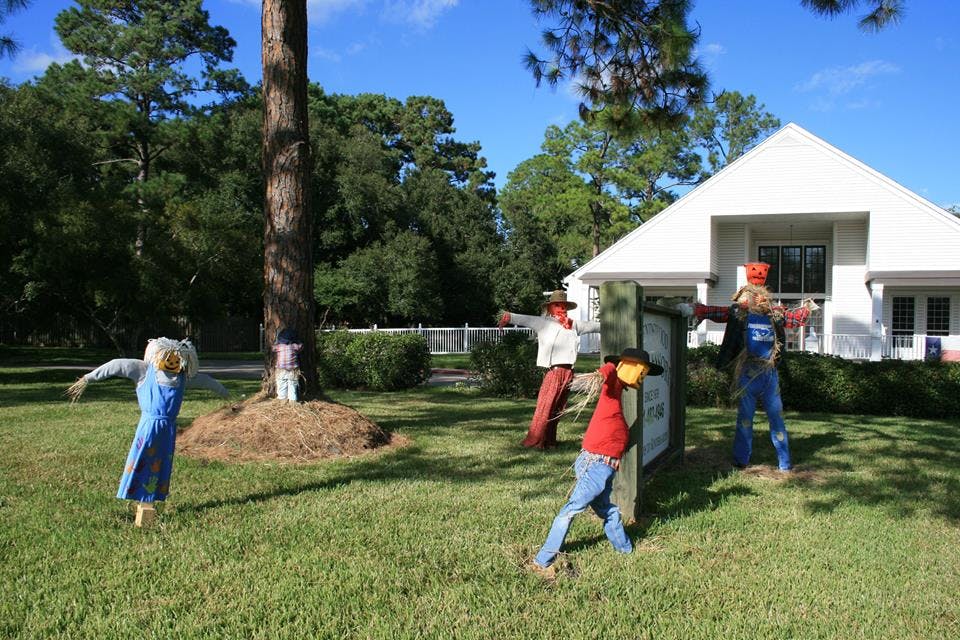 Several scarecrows in a grassy area with a white building in the background
