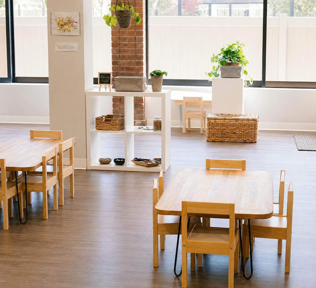 Classroom furniture including small wooden tables and chairs for children