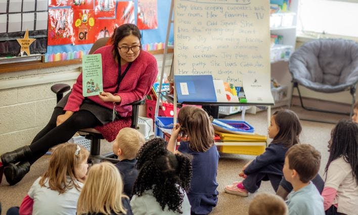 Person reading a book to children in a classroom