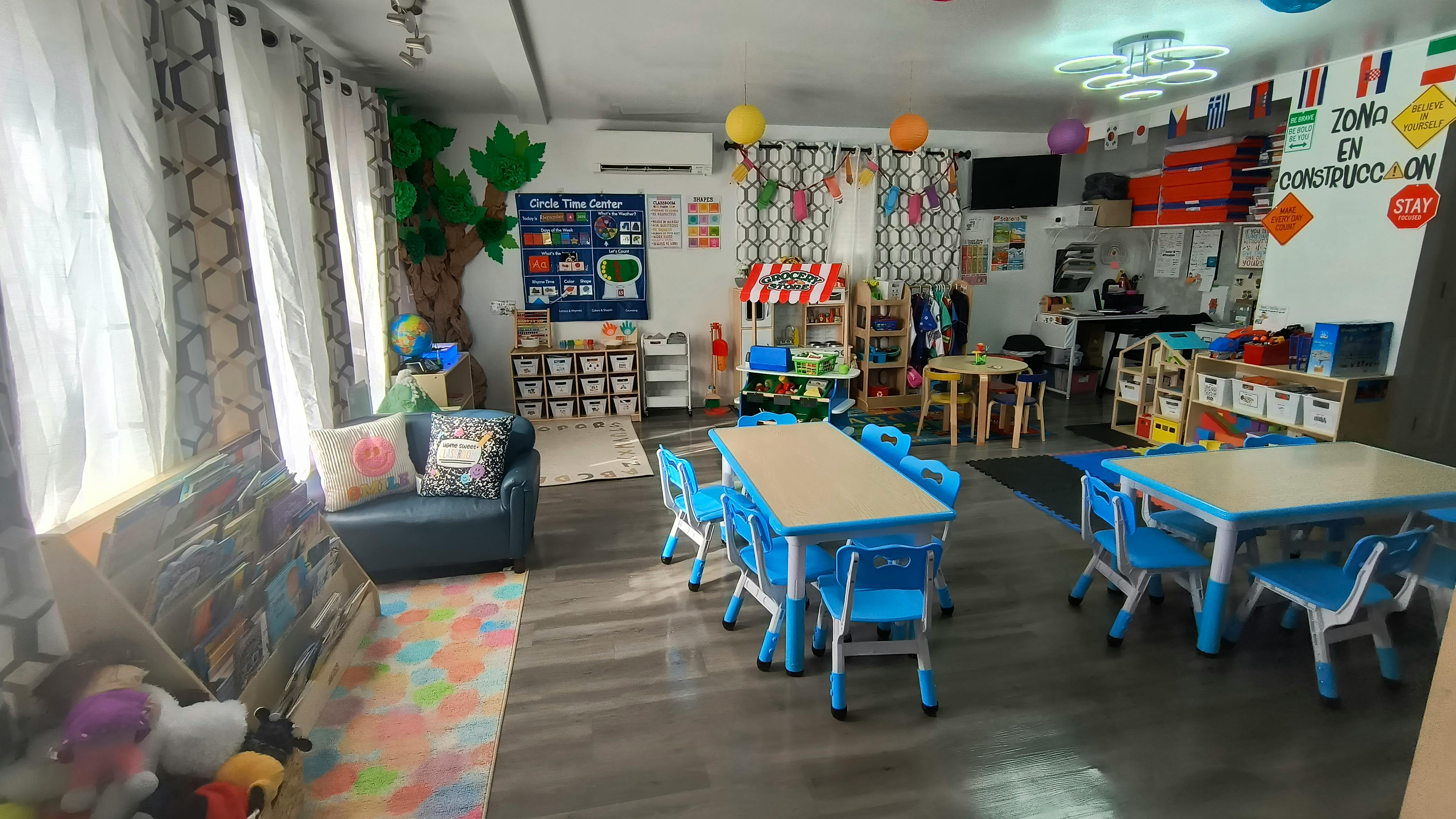 Classroom interior with small tables and chairs for children
