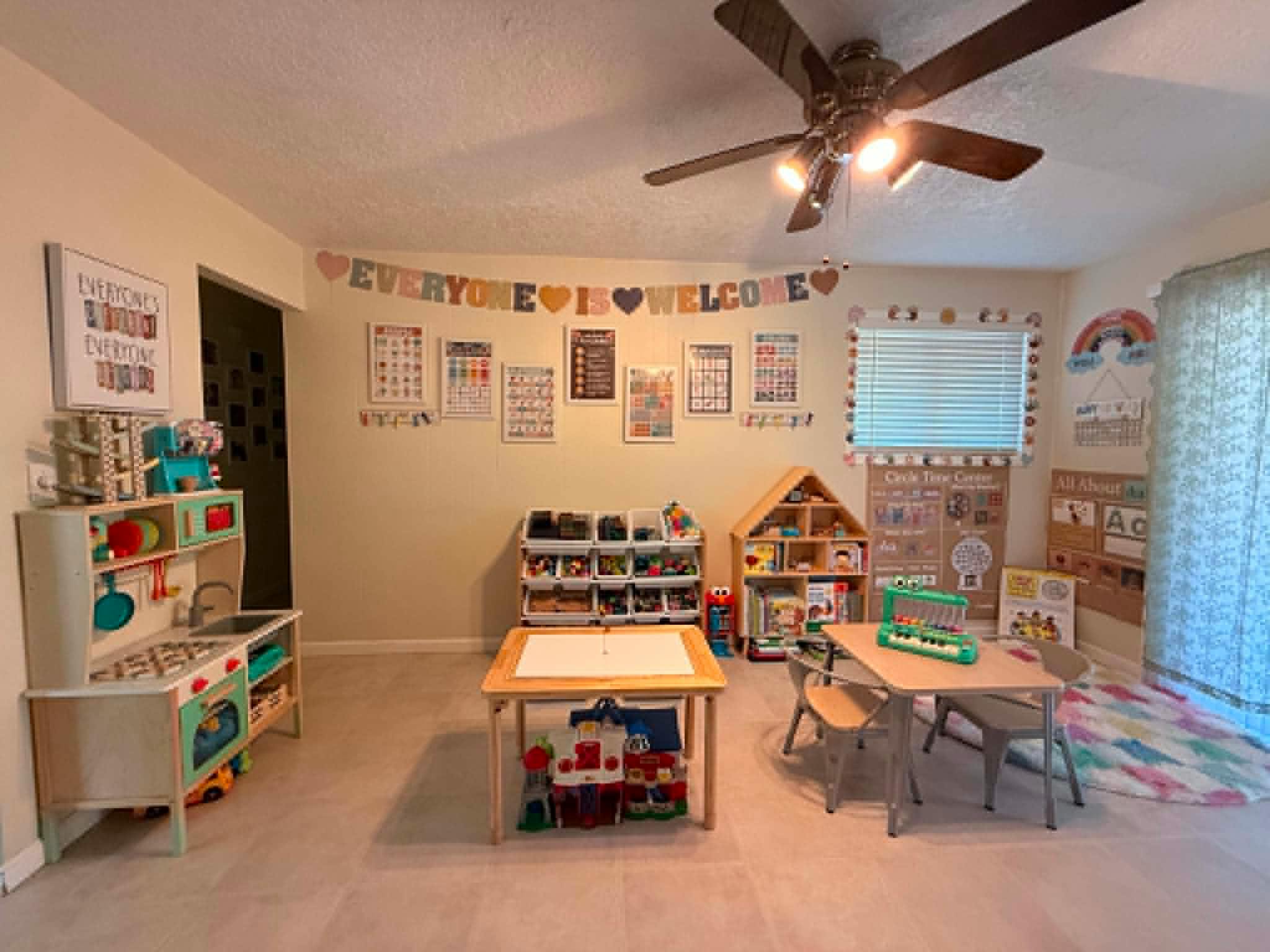 Playroom with children furniture, toy kitchen, and educational wall posters