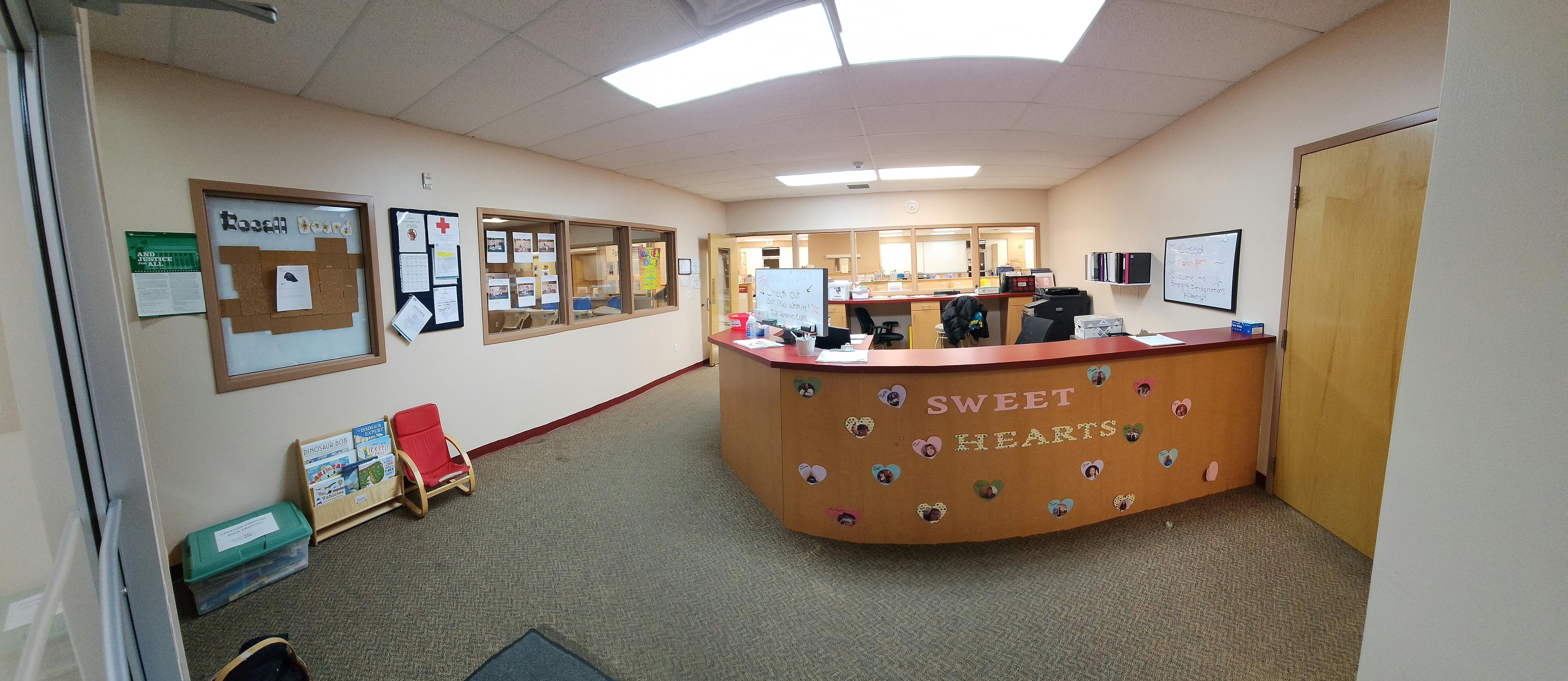 Reception desk with Sweet Hearts lettering in a child care facility