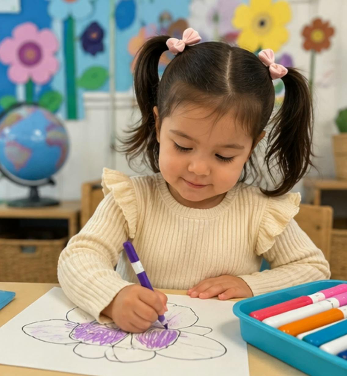 Child coloring a flower drawing with a purple marker at a table