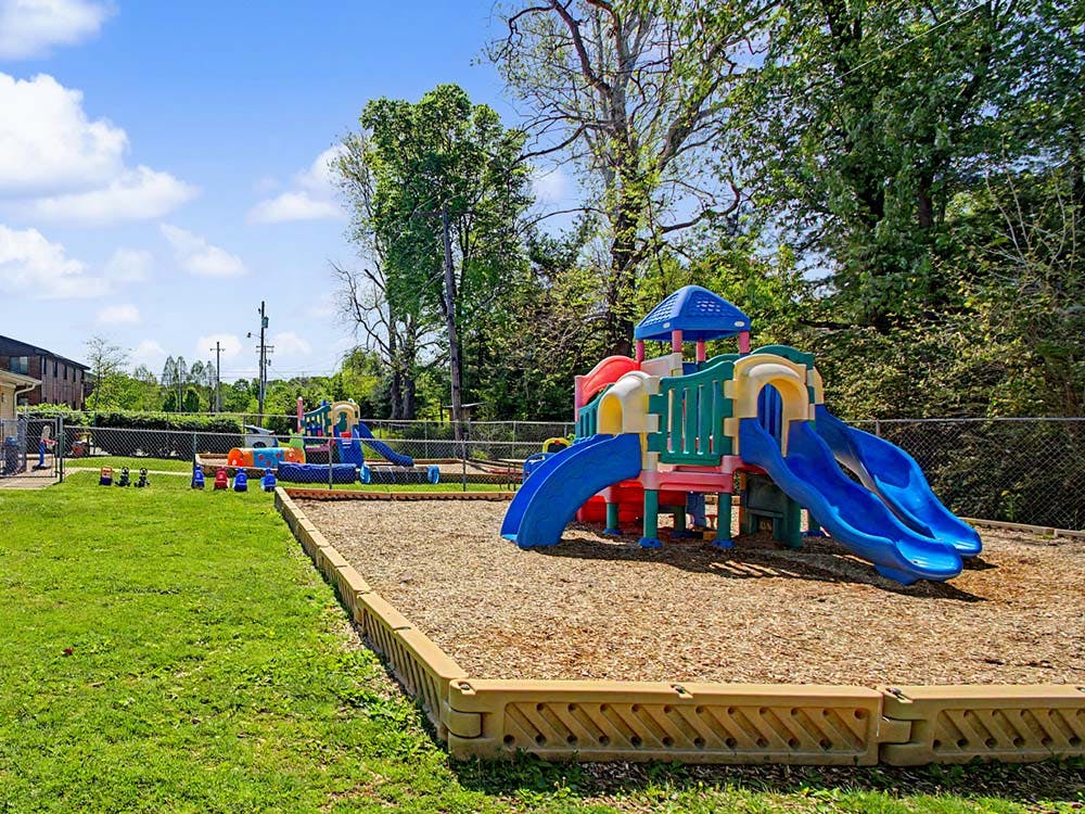 Colorful playground with multiple slides and climbing structures
