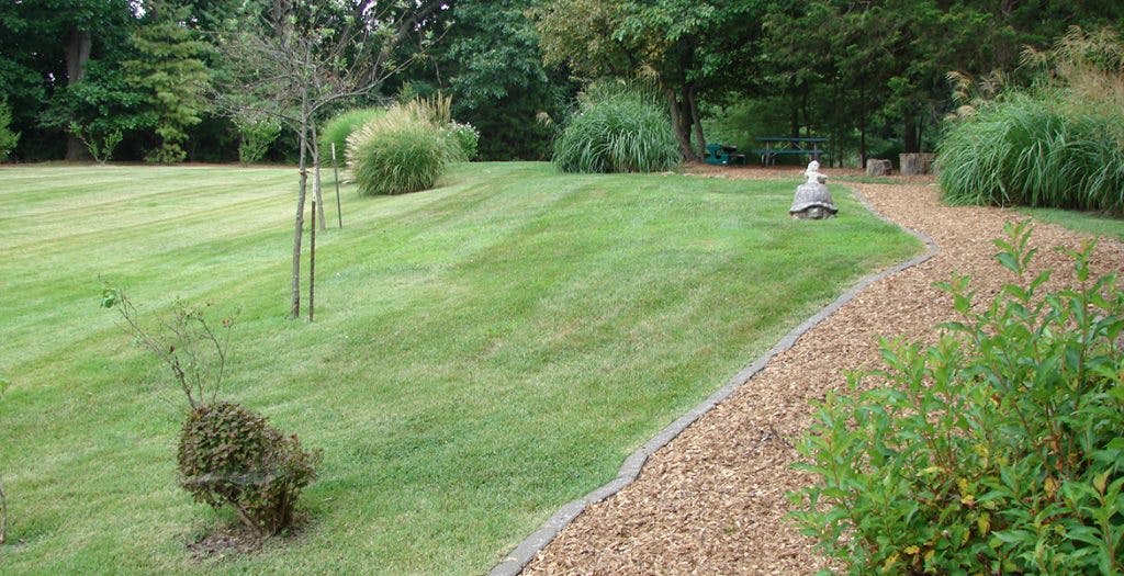 Manicured lawn with a gravel path and trees
