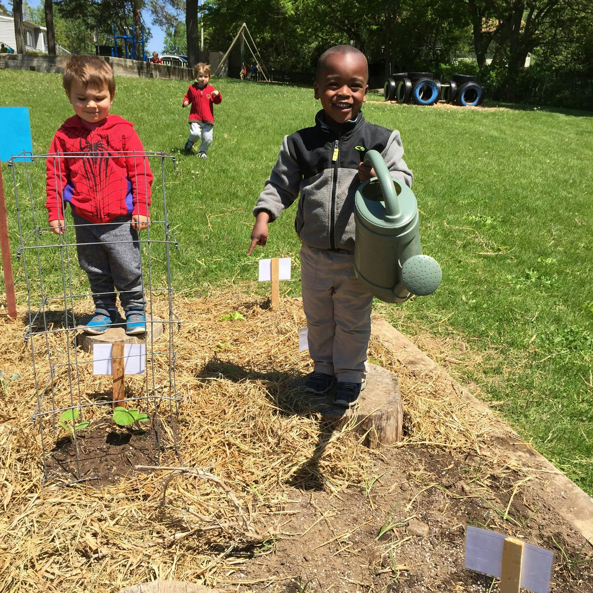 Child holding a watering can in a garden bed