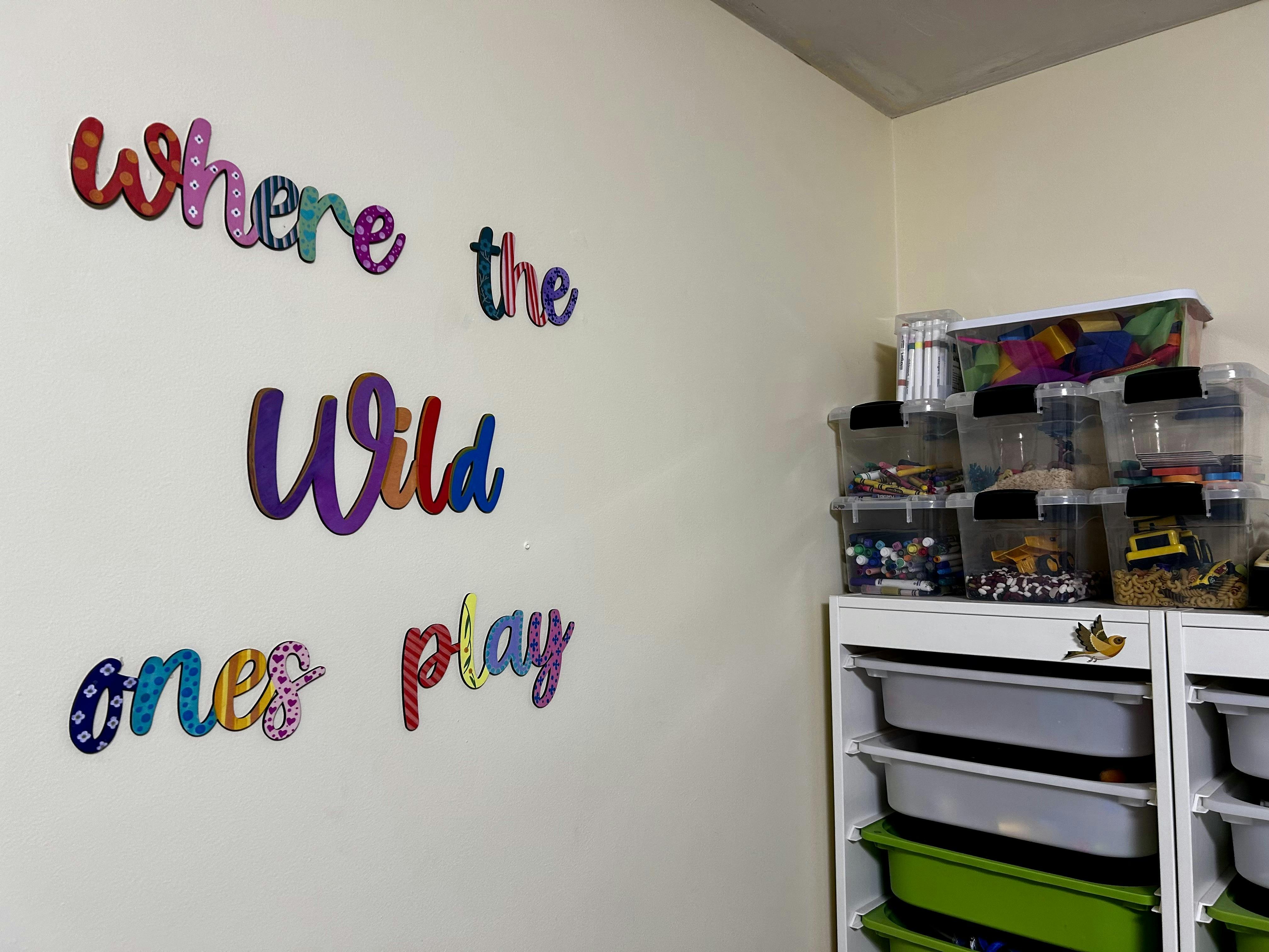 Decorative text on a wall that reads "Where the Wild ones play" next to storage bins
