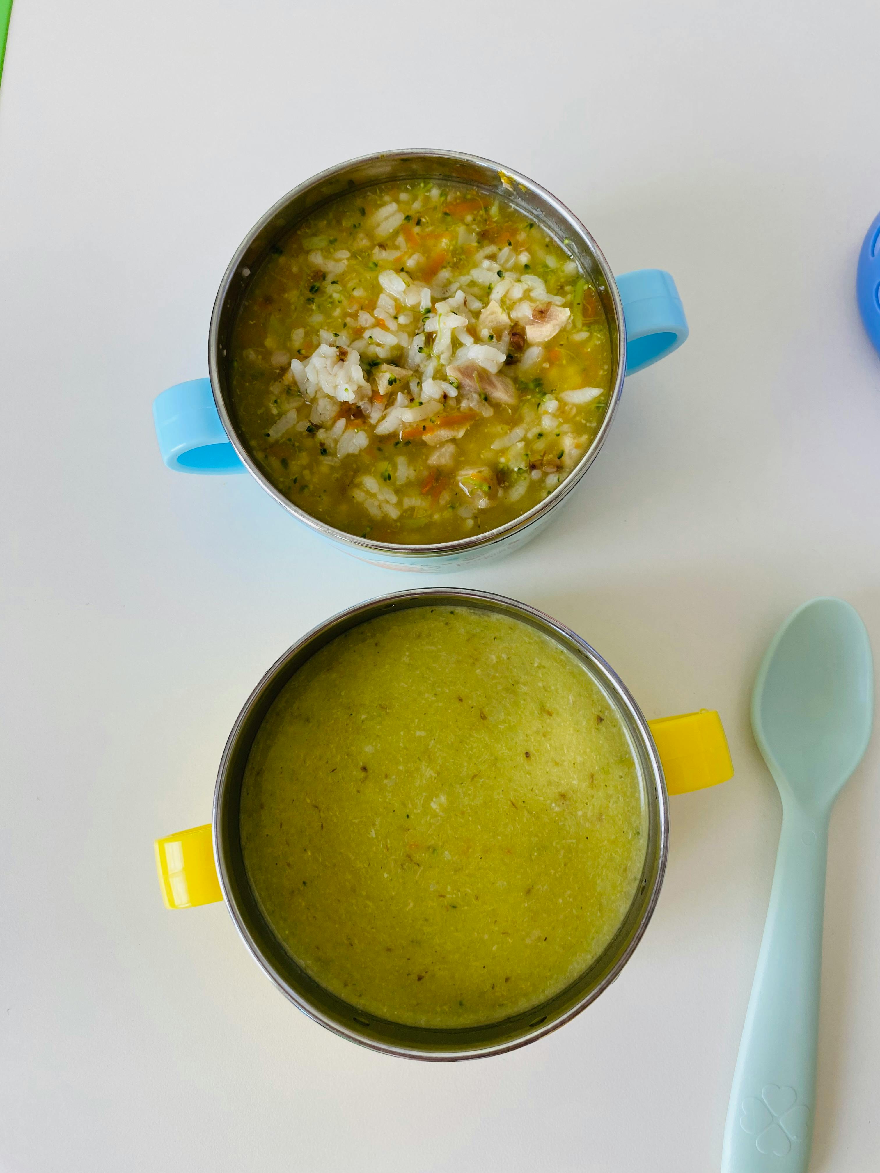Two bowls of baby food, one with chunky ingredients and one pureed