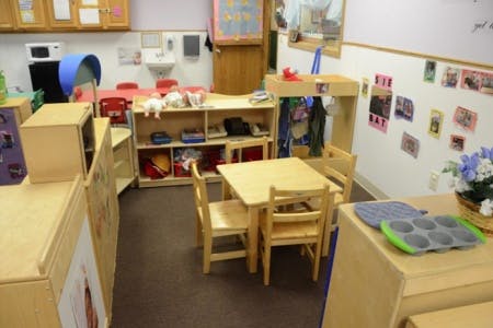 Empty classroom with small tables and chairs