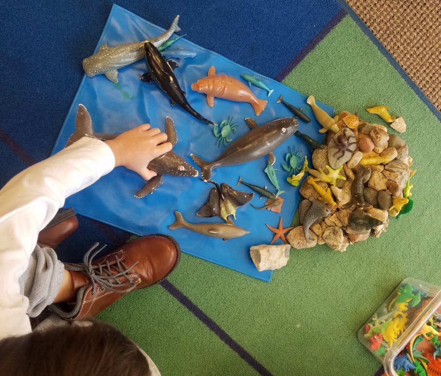 Child playing with toy sea animals on a blue mat