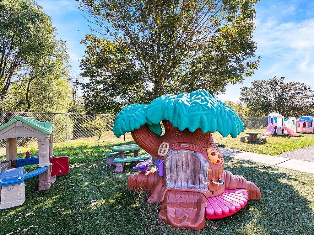 Playground with plastic treehouse, play kitchen, slides, and houses