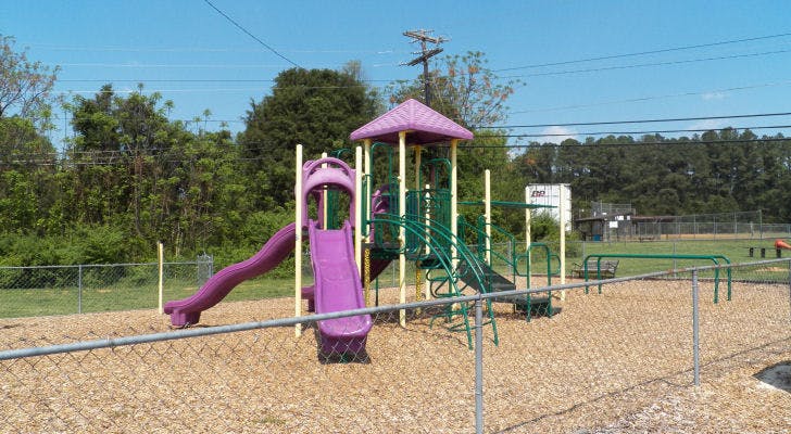 Playground with purple slides and green climbing structures