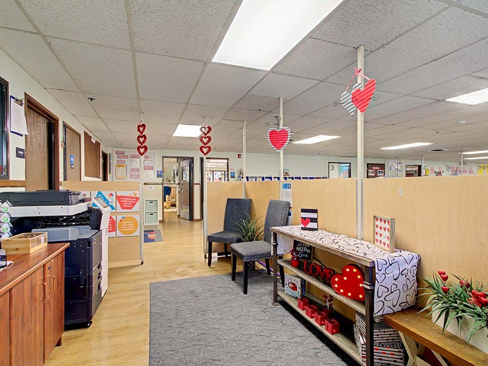 An office area decorated with heart-shaped decorations