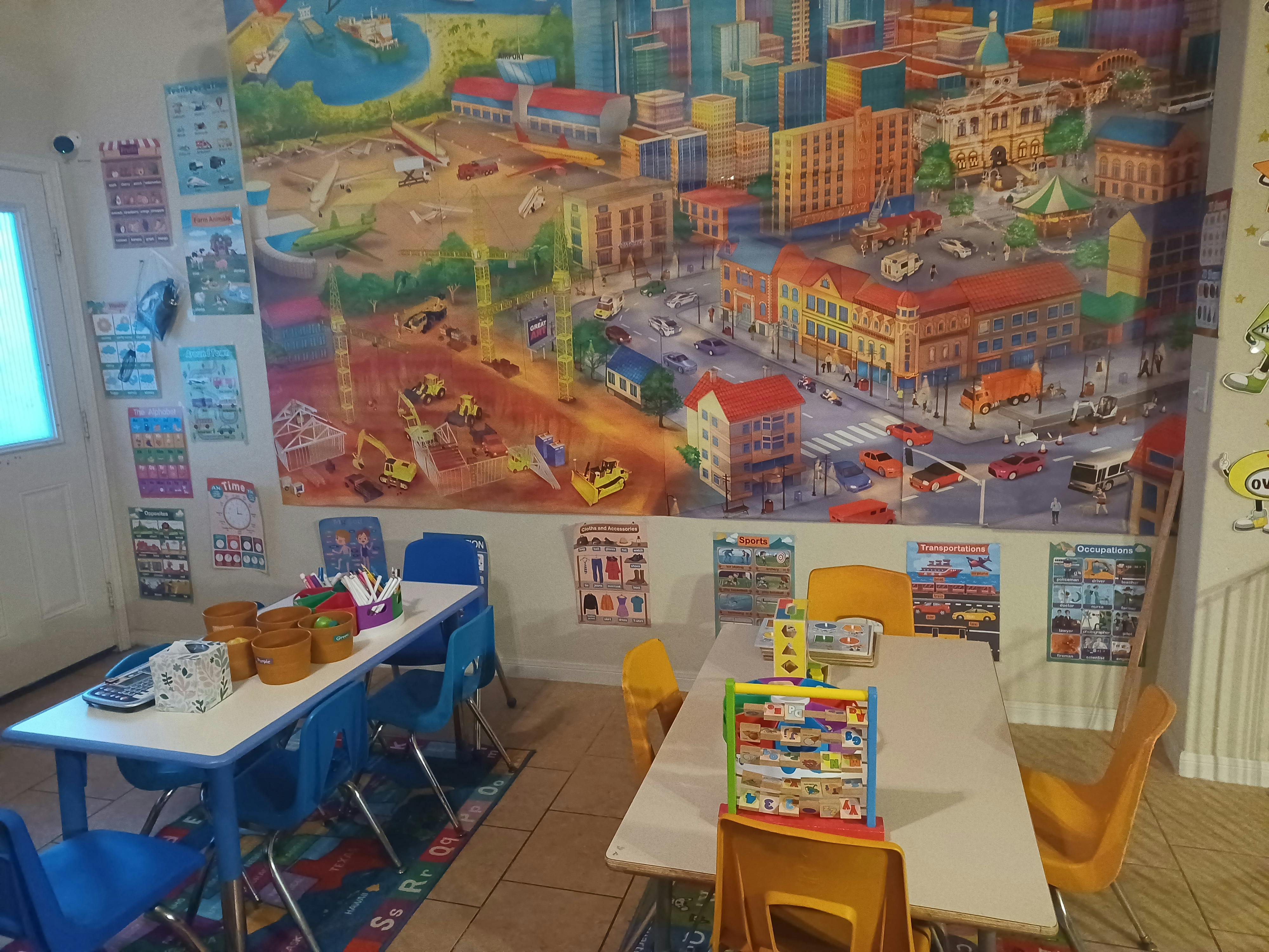 Classroom with tables and chairs, city mural on wall
