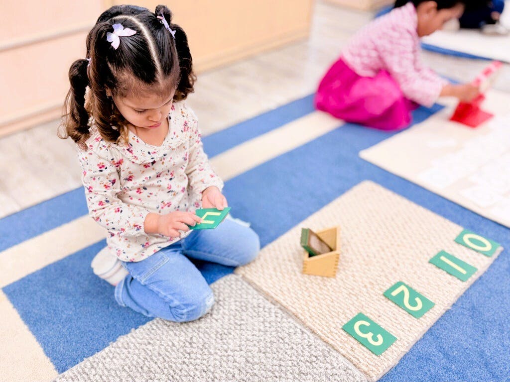 Child kneeling on rug holding a green number card