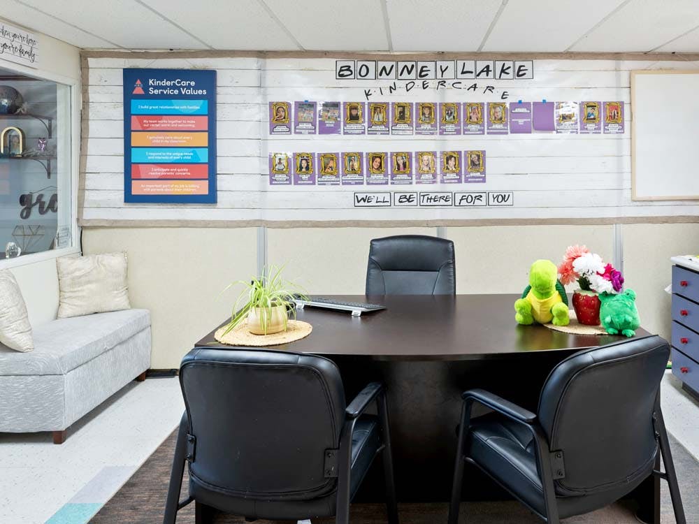 office desk with chairs and a KinderCare Service Values sign on the wall