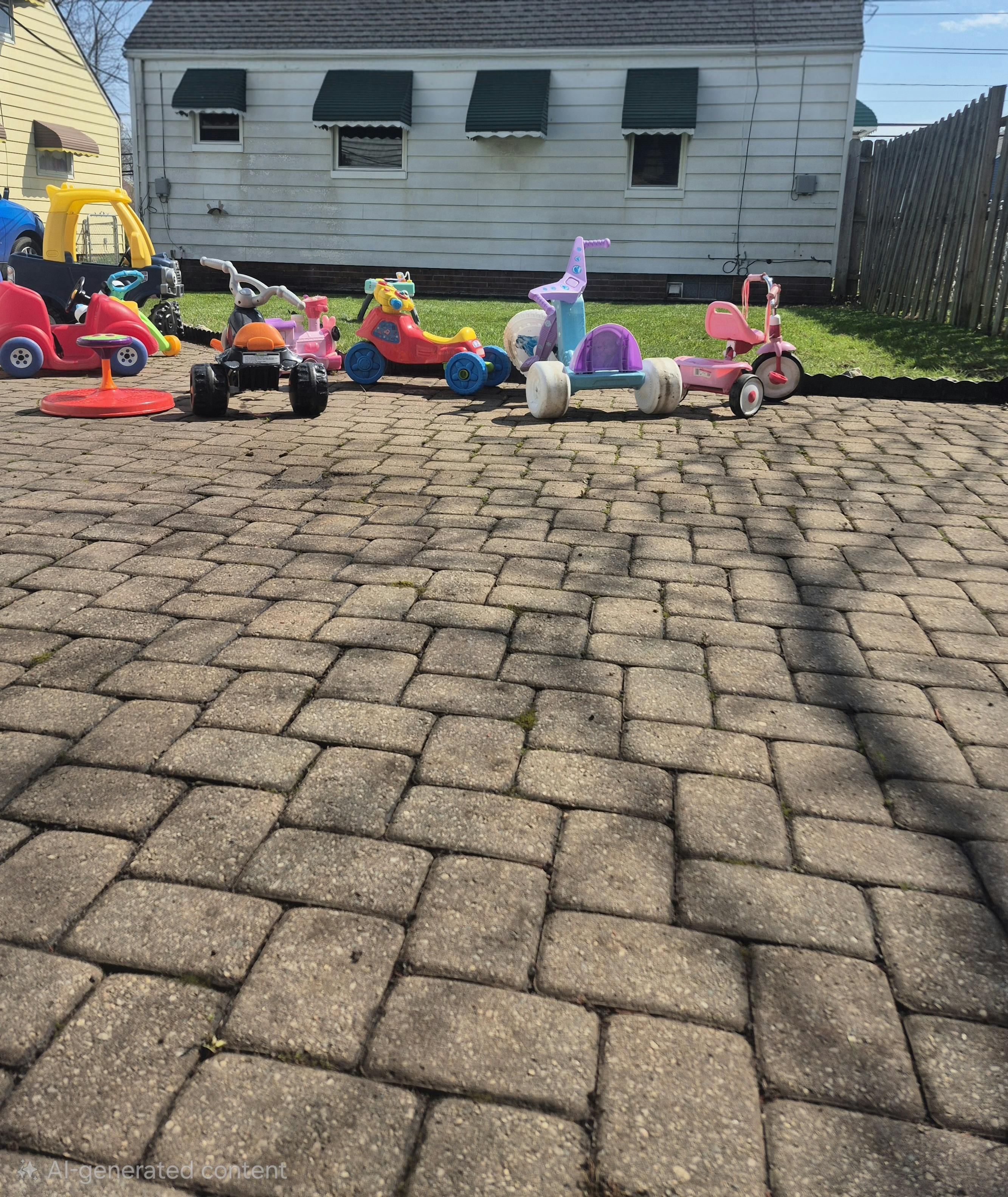 Several colorful ride-on toys on a paved patio in front of a house