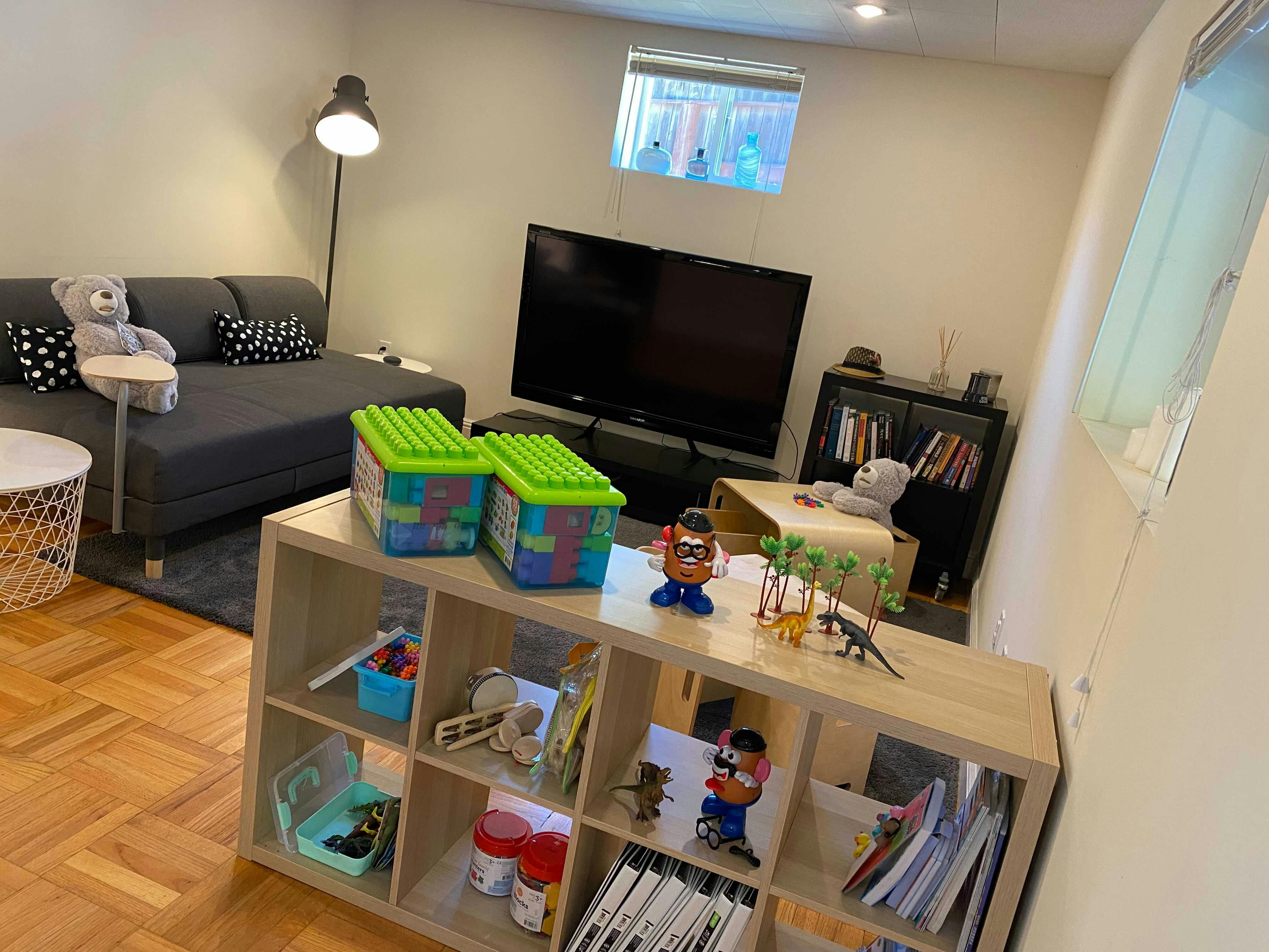 Living room with a gray sofa, television, and a low bookshelf with toys