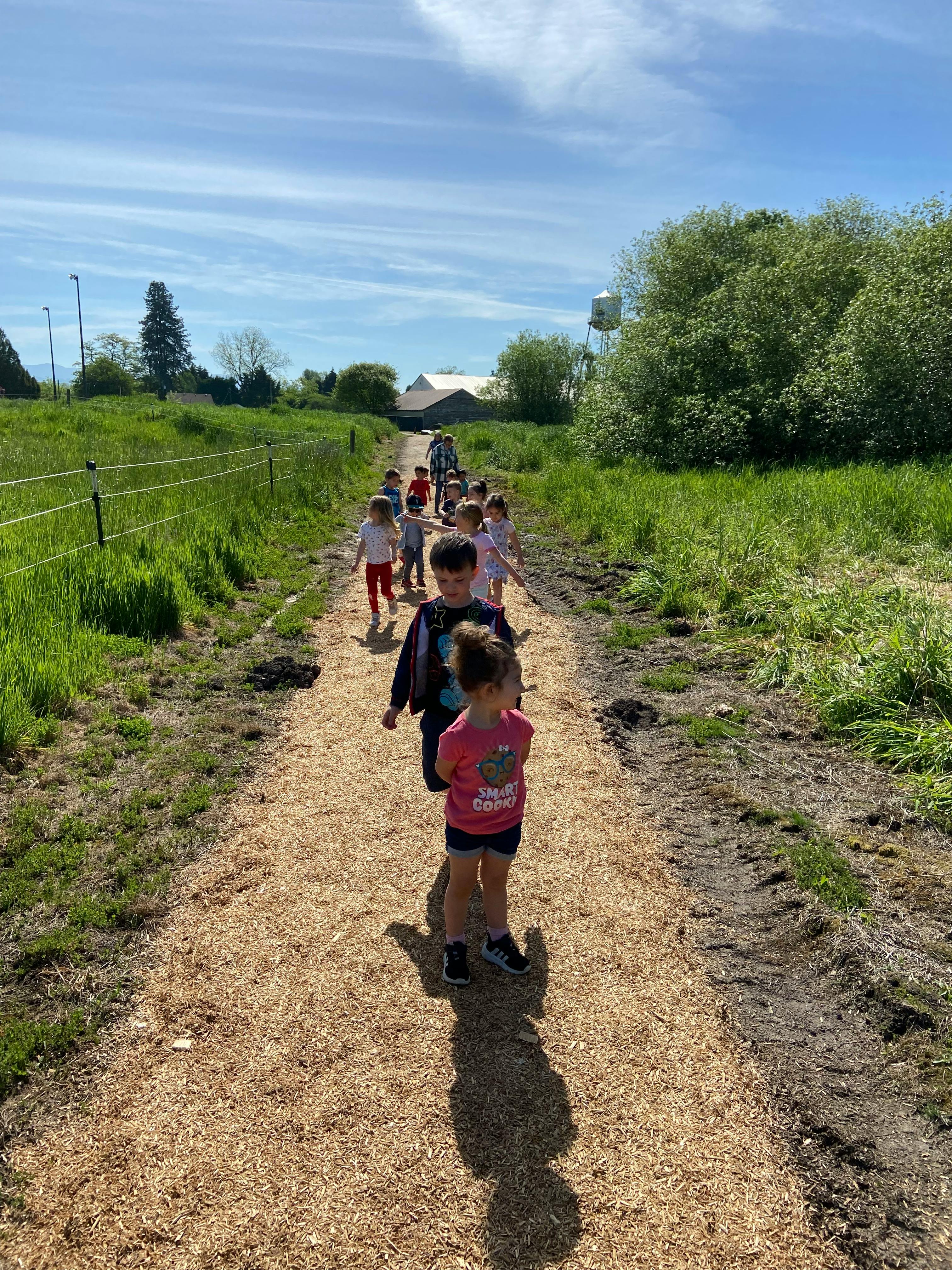 Children walking on a path through a grassy field
