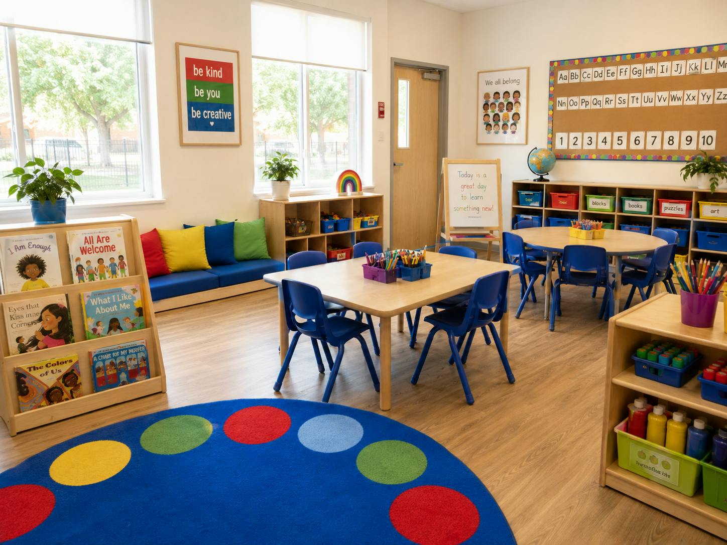 An empty early childhood classroom with colorful furniture and learning materials