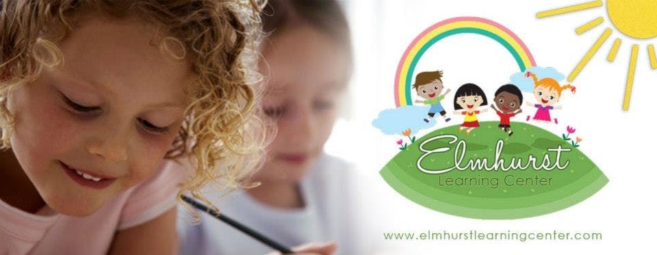 Child with curly hair looking down, next to a logo with children and text "Elmhurst"