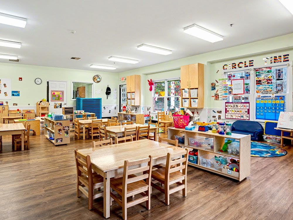 Empty classroom with small wooden tables and chairs, and a 'Circle Time' sign