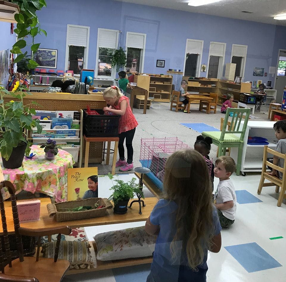 Child standing on a stool looking into a bin in a classroom