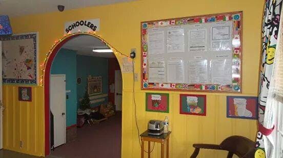 Archway with "SCHOOLERS" sign leading to another room