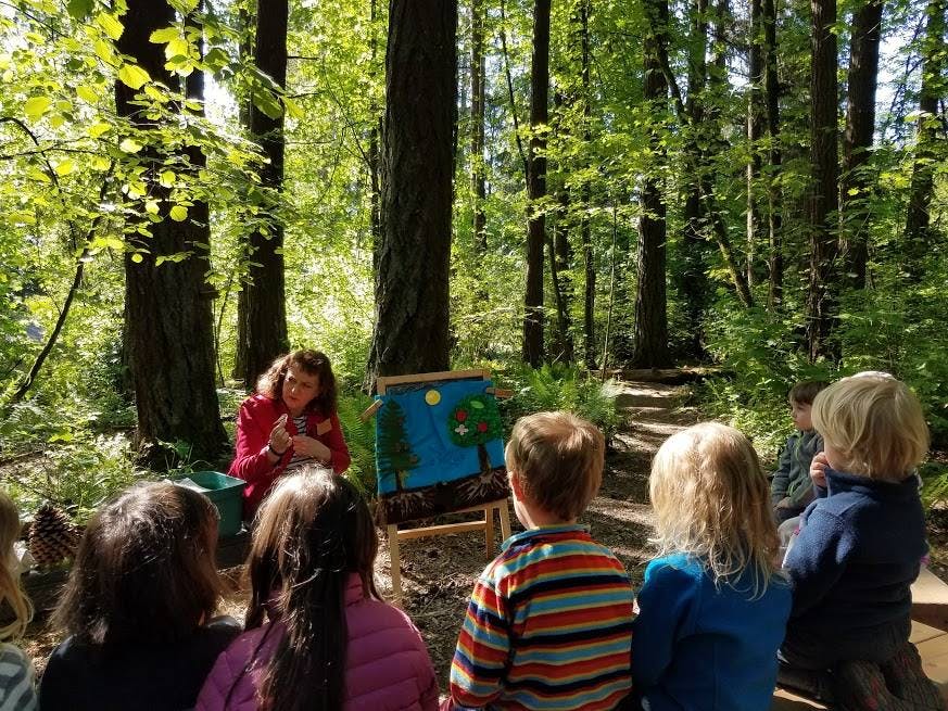 Person teaching children outdoors with an easel painting