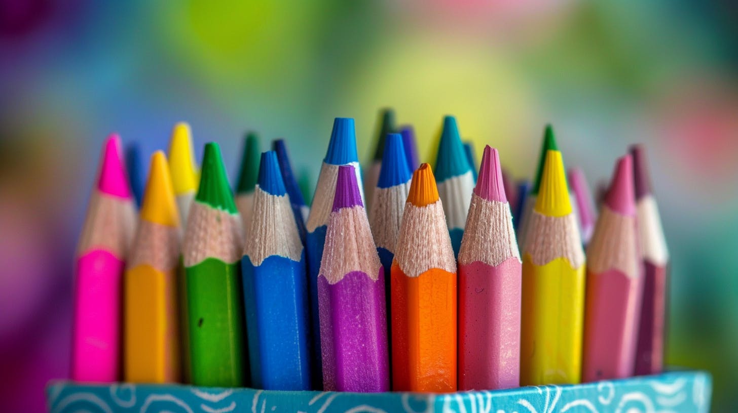 Close-up of many colorful colored pencils in a holder